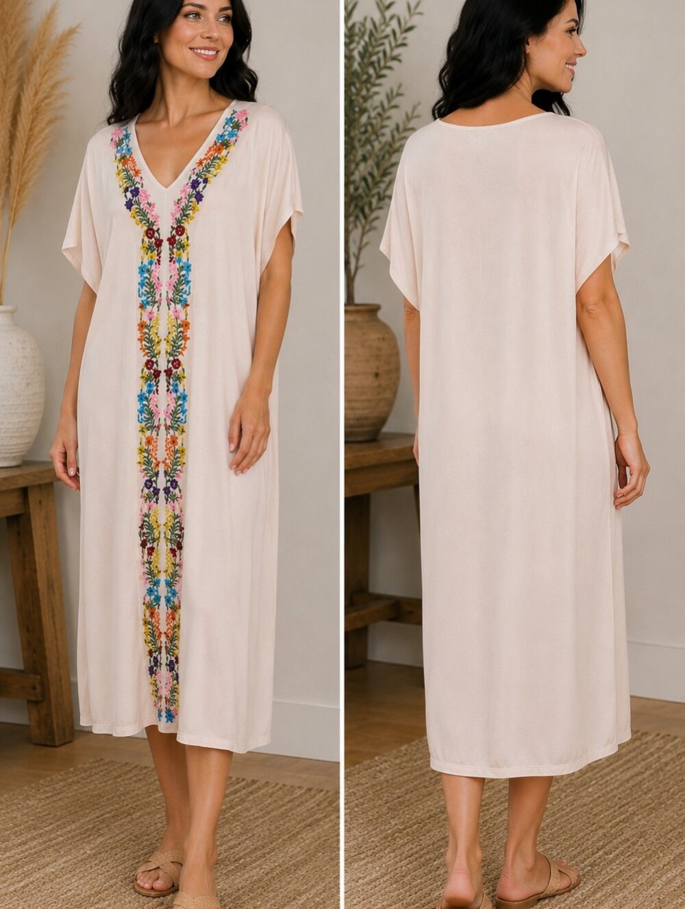 Blush Pink Embroidered Floral Caftan Dress Large 100% Rayon Boho Resort Maxi A49